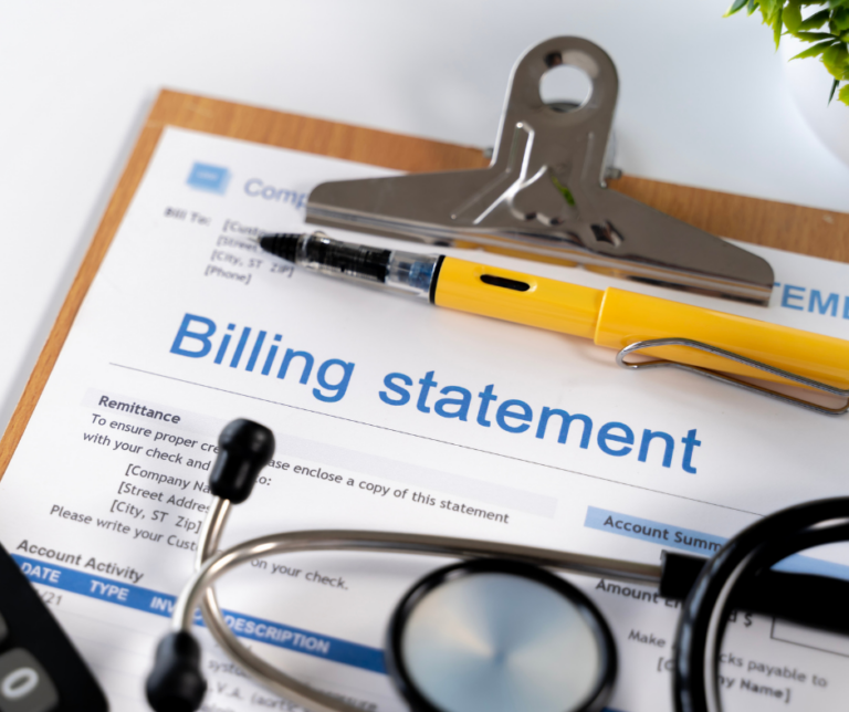 Medical billing statement with clipboard, pen, and stethoscope representing medical debt and credit report impact in 2026